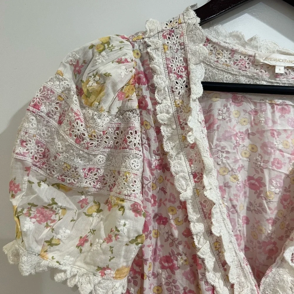 LoveShackFancy Belen Floral Eyelet Mini Dress | Size 8 Pink Yellow Floral - Picture 7 of 9